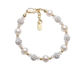 CHARLOTTE GOLD-PLATED BRACELET WITH FRESHWATER PEARLS,CRYSTALS,AND PAVE BEADS