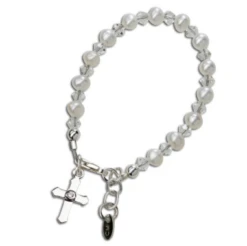 SILVER BRACELET WITH PEARLS & CRYSTALS WITH CROSS