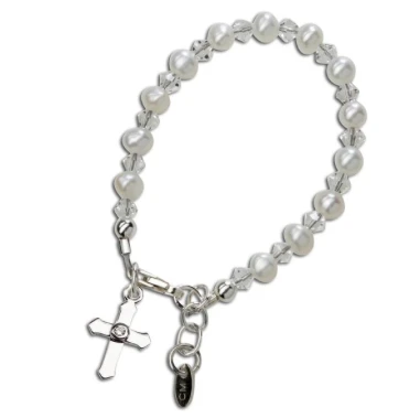 SILVER BRACELET WITH PEARLS & CRYSTALS WITH CROSS 3 SILVER BRACELET WITH PEARLS & CRYSTALS WITH CROSS
