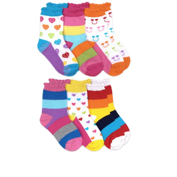 RAINBOW STRIPES HEARTS SMILEY FACE CREW SOCKS 6 PACK 3 RAINBOW STRIPES HEARTS SMILEY FACE CREW SOCKS 6 PACK