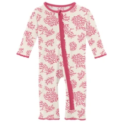 PRINT MUFFIN RUFFLE COVERALL WITH ZIPPER IN NATURAL CORAL