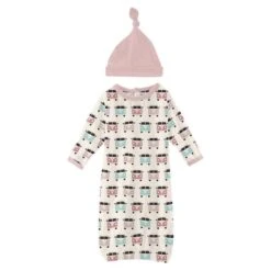 VINTAGE VANS PRINT LAYETTE GOWN AND SINGLE KNOT SET