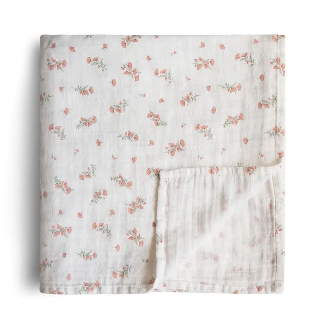 Mushie ORGANIC COTTON MUSLIN SWADDLE BLANKET - PINK FLOWERS 3 Mushie ORGANIC COTTON MUSLIN SWADDLE BLANKET - PINK FLOWERS