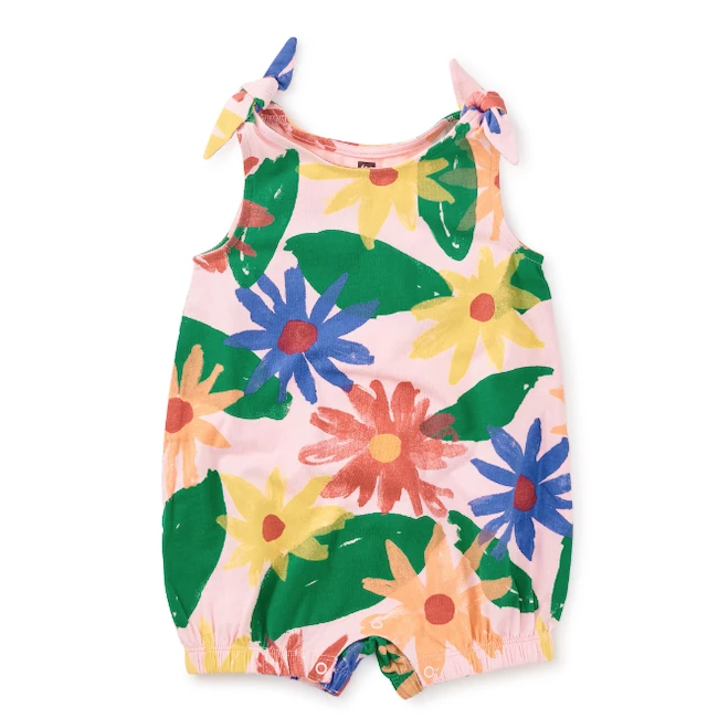 TIE SHOULDER BABY ROMPER IN MEXICAN SUNFLOWERS 3 TIE SHOULDER BABY ROMPER IN MEXICAN SUNFLOWERS
