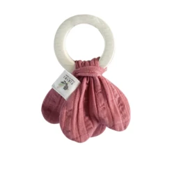 Tikiri ORGANIC NATURAL RUBBER TEETHING RING WITH DUSTY ROSE MUSLIN TIE